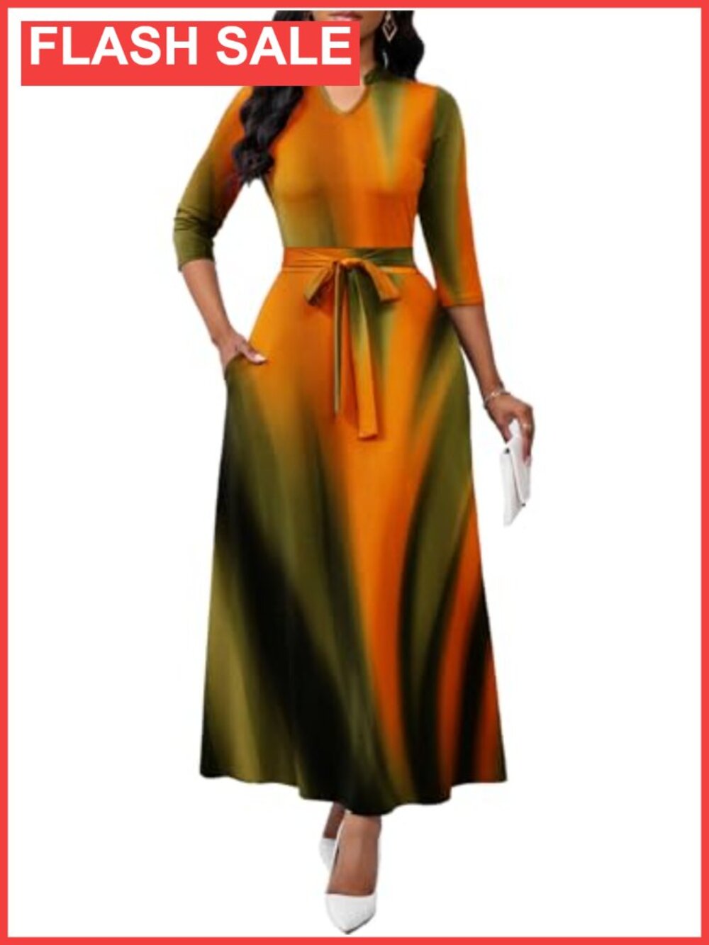 Women's Maxi Dress 3/4 Sleeve V-Neck Fit & Flare with Pockets & Belt